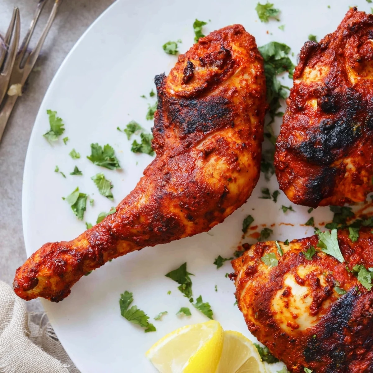 Smoky Tandoori Chicken on a grill rack, ready with warm naan