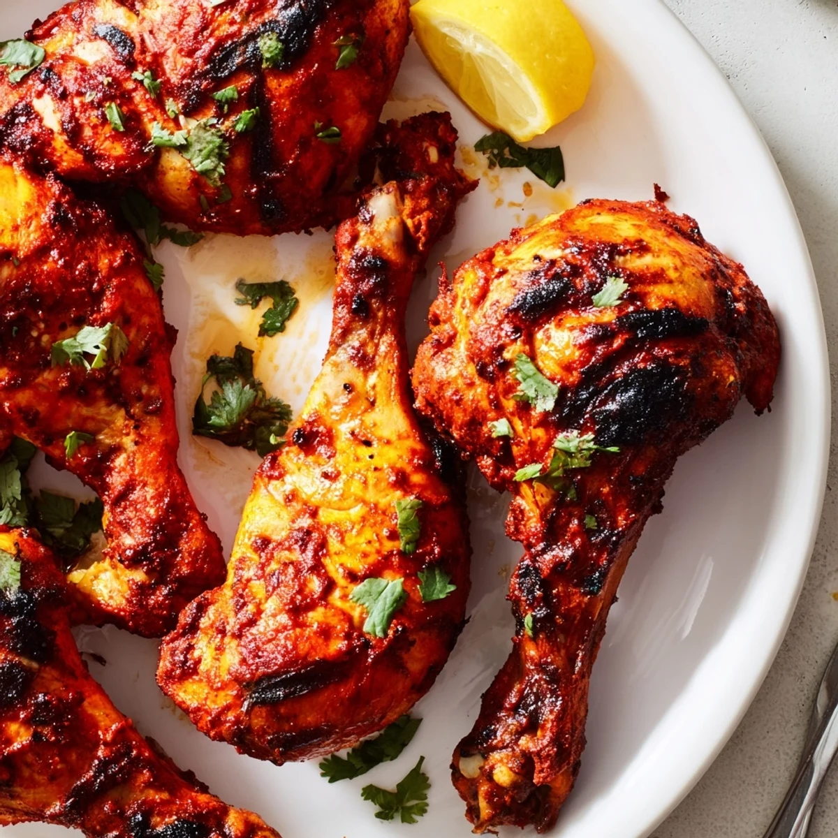 Tandoori Chicken roasted to charred edges, garnished with cilantro and lemon