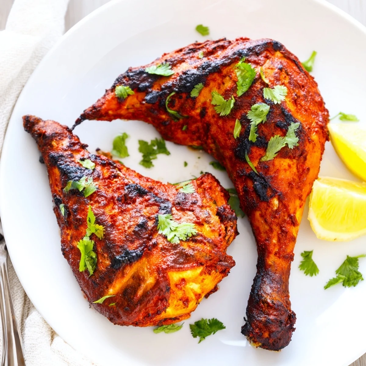 Juicy Tandoori Chicken coated in spiced yogurt marinade, served with raita