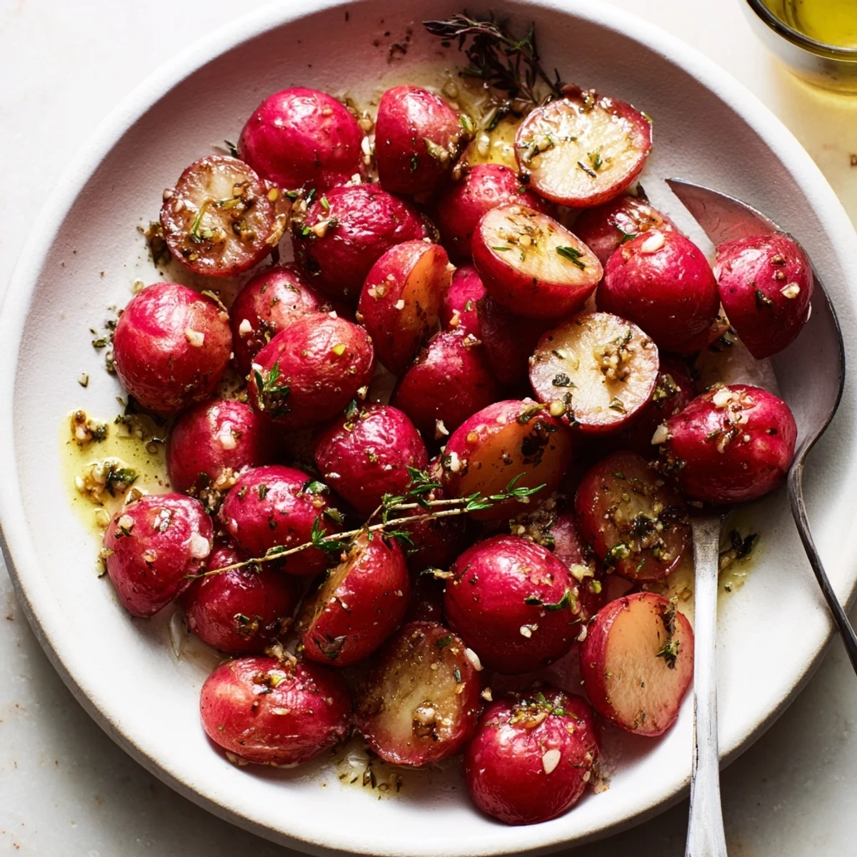 Garlic Roasted Radishes glistening with olive oil, golden edges and parsley  