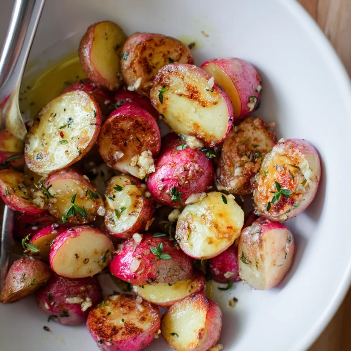 Sheet-pan Garlic Roasted Radishes showing crisp-tender centers and caramelized skins