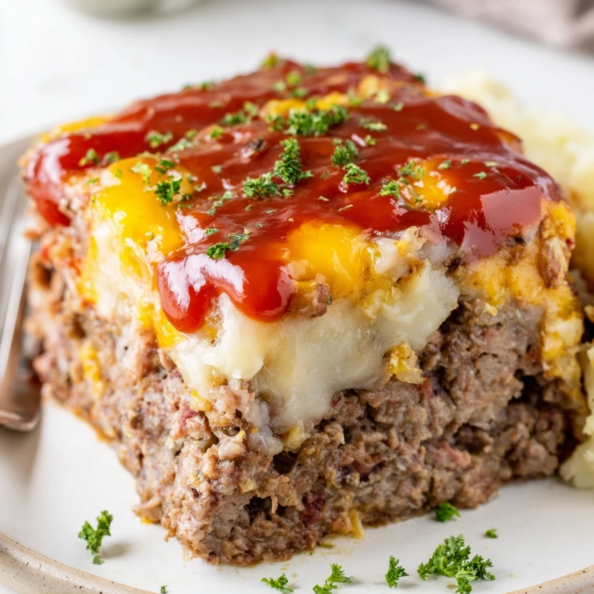 Meatloaf Casserole with golden cheddar topping, steaming comfort for family dinners.