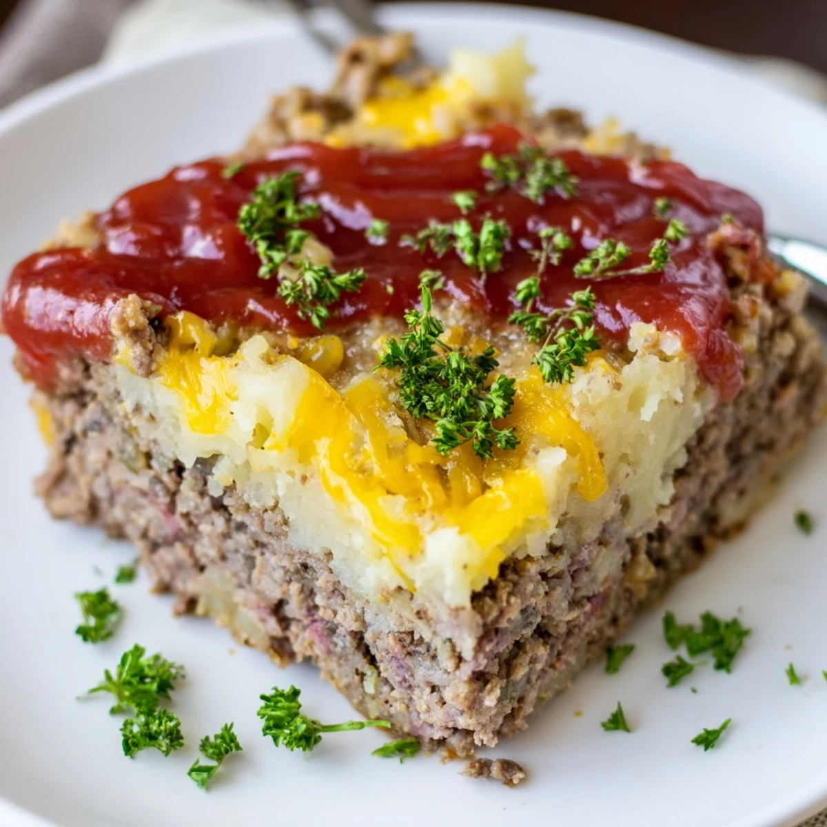 Baked Meatloaf Casserole layered with creamy mashed potatoes, bubbling and browned.