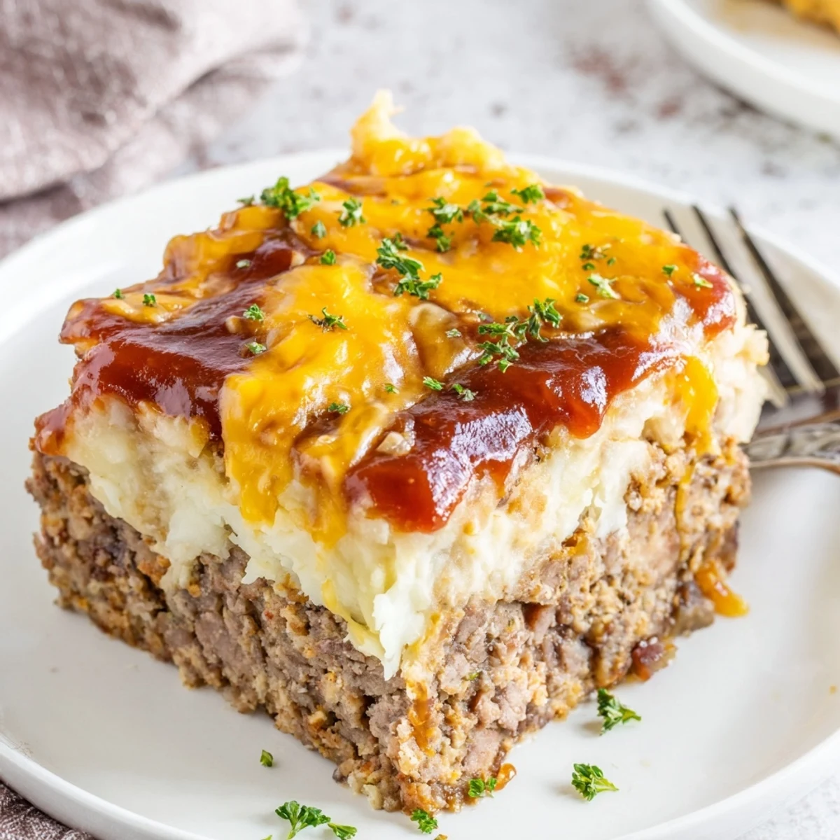 Hearty Meatloaf Casserole glazed with sweet-tangy sauce, warm slices on plate.