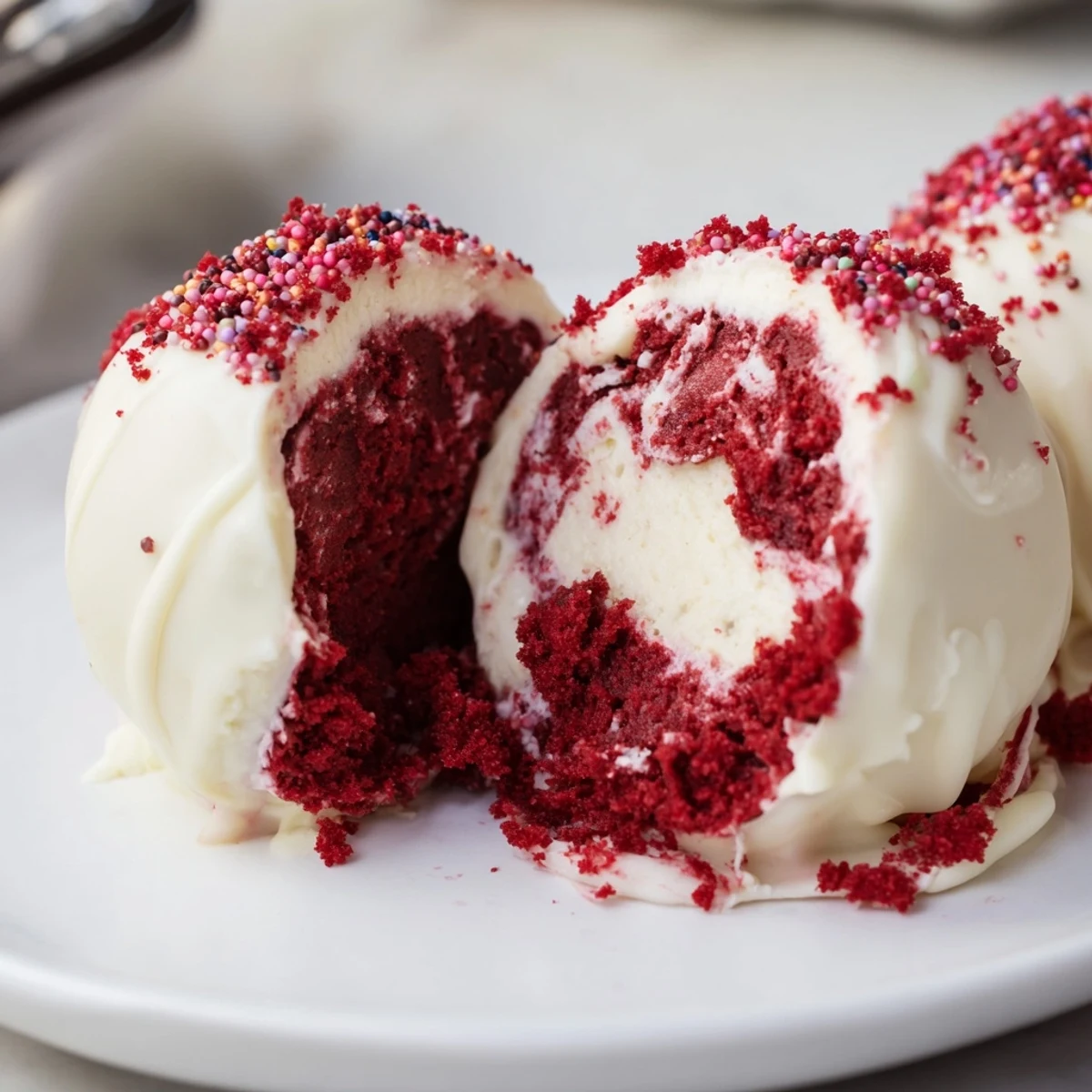 Creamy Red Velvet Cheesecake Balls refrigerated, bite-sized, sprinkled with red crumbs for parties