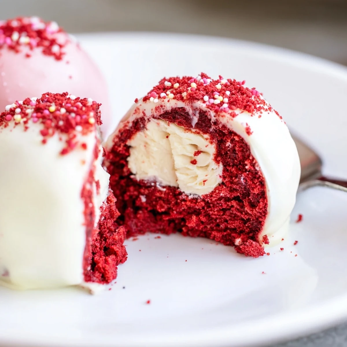 Red Velvet Cheesecake Balls arranged on parchment, glossy chocolate coating and crumbs