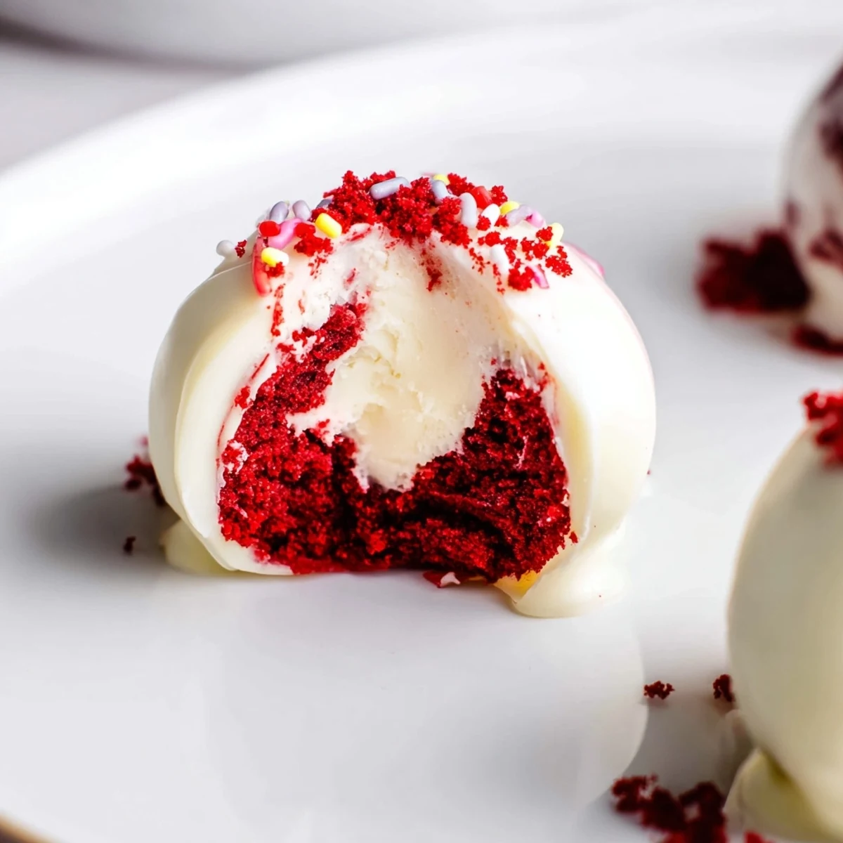 Stacked Red Velvet Cheesecake Balls on a dessert platter, creamy centers visible through coating