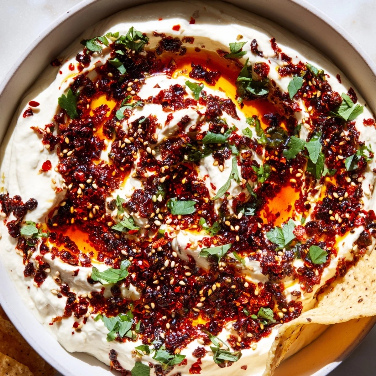 Creamy charred scallion and chili crisp dip swirled with spicy oil and fresh cilantro