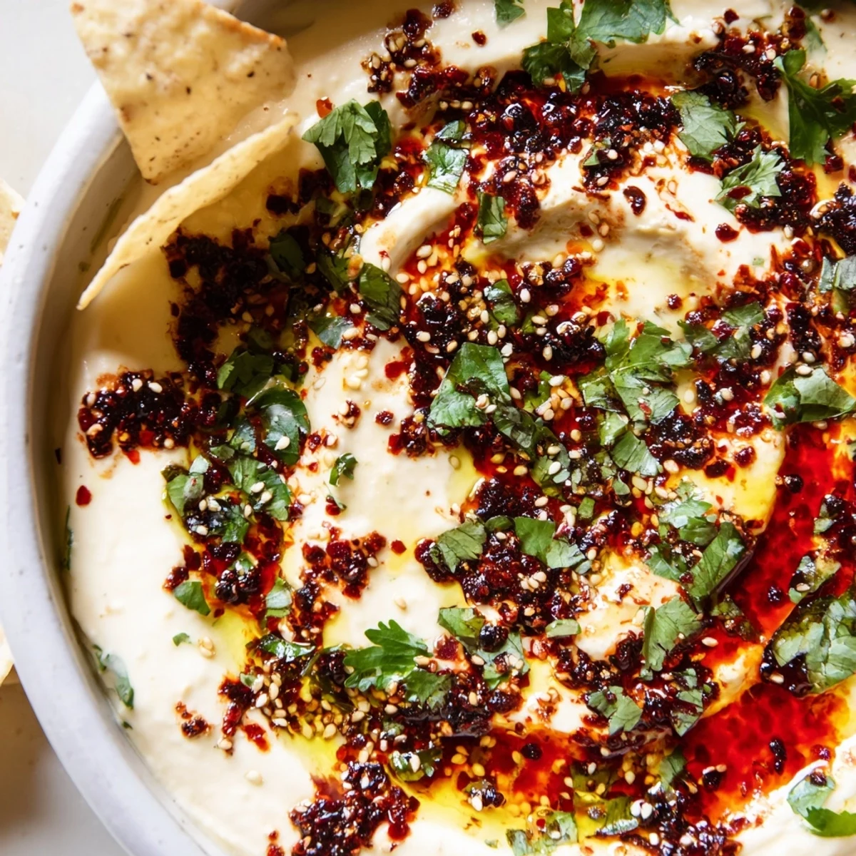 Smoky charred scallion and chili crisp dip served in a rustic bowl with tortilla chips