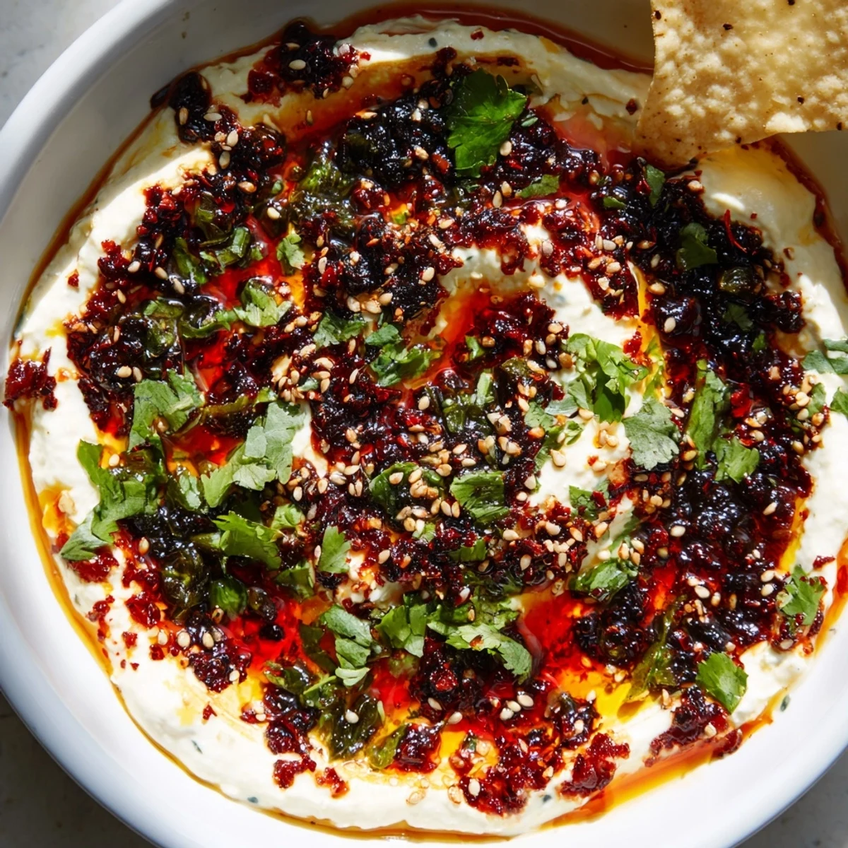 Bold and creamy charred scallion and chili crisp dip topped with crunchy sesame seeds