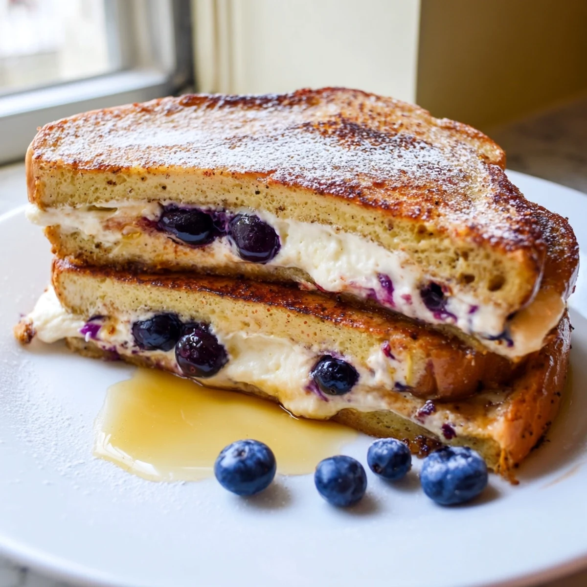 Golden blueberry cheesecake stuffed French toast drizzled with maple syrup on a plate