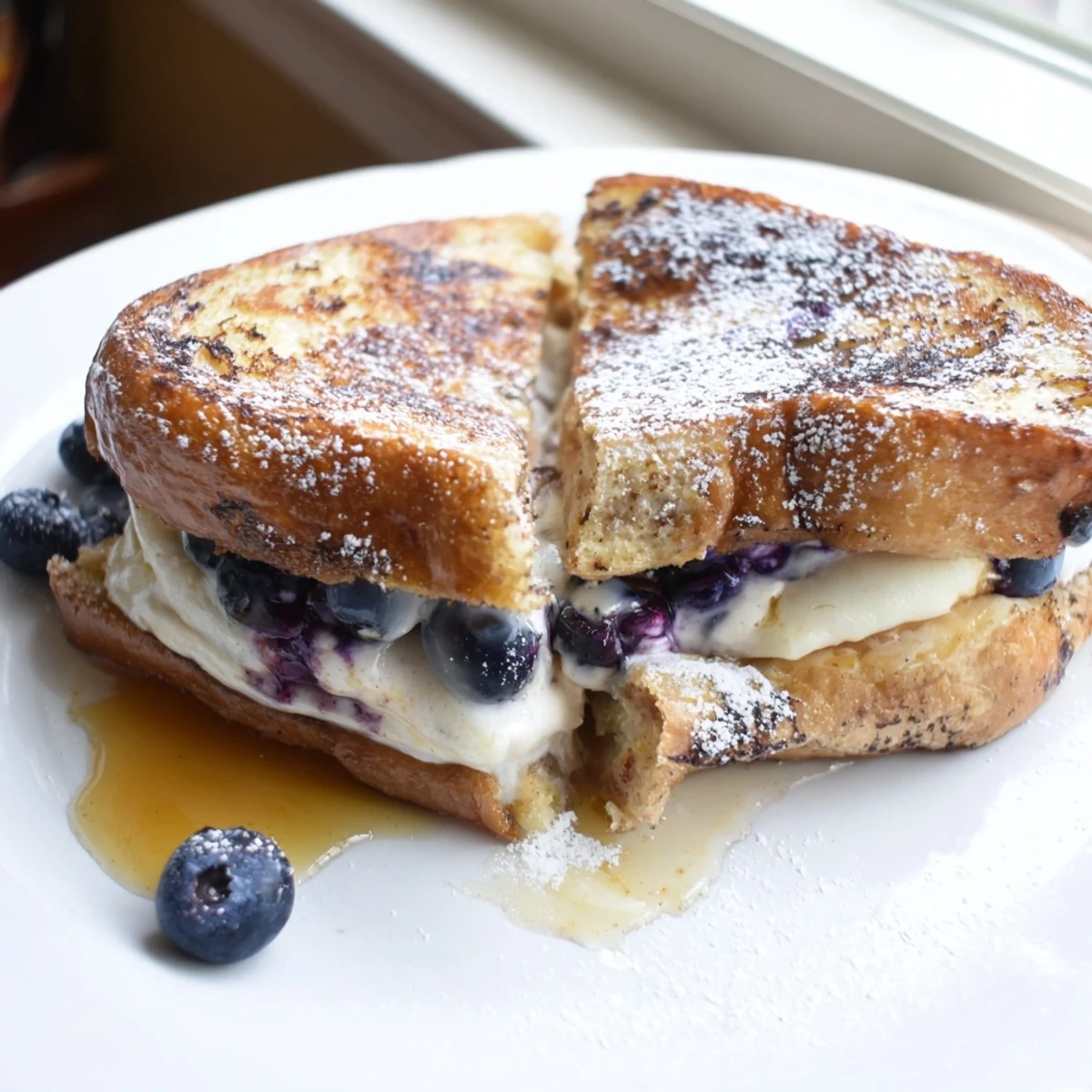 Blueberry cheesecake stuffed French toast with powdered sugar and fresh berries served warm