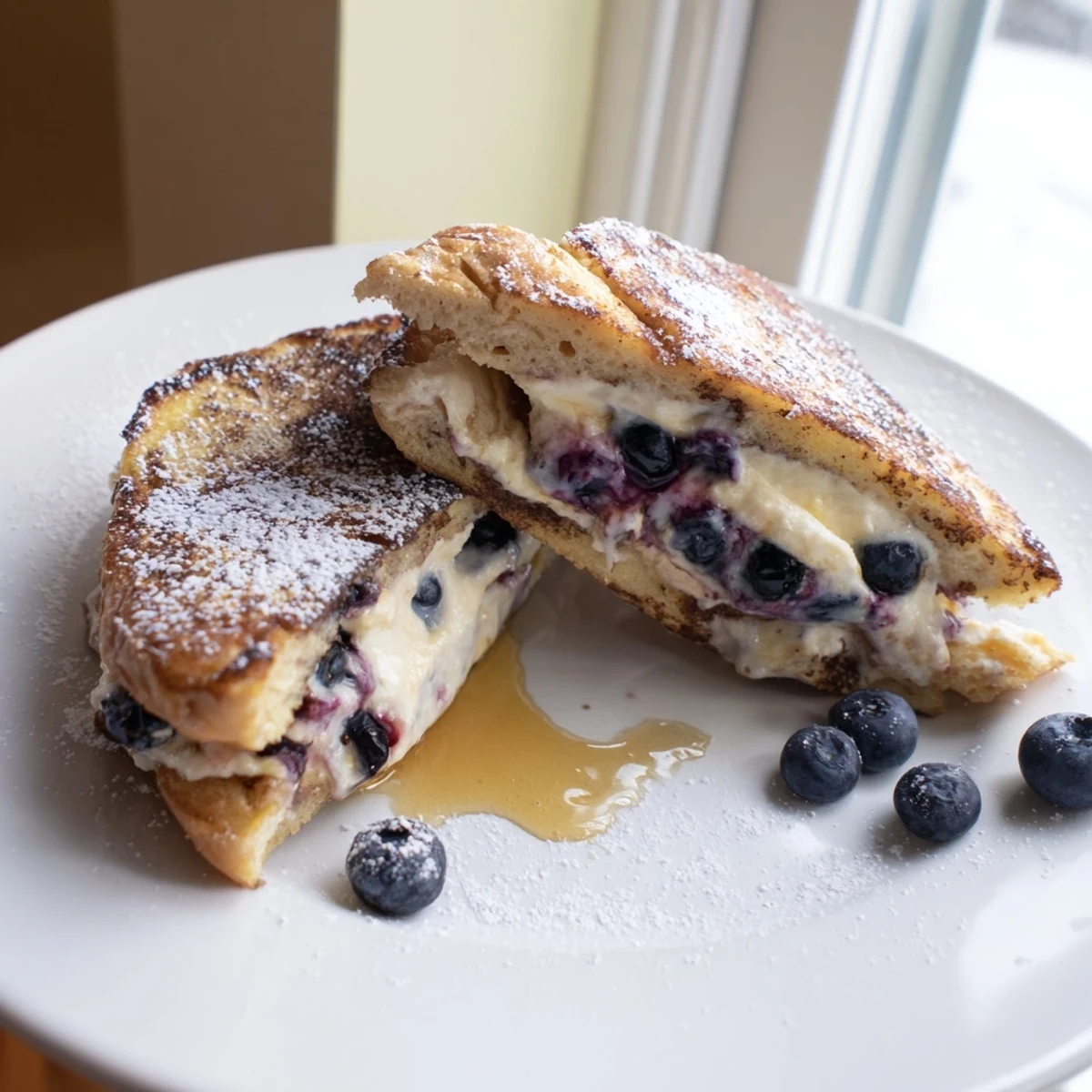 Thick slices of blueberry cheesecake stuffed French toast browning in a buttery skillet