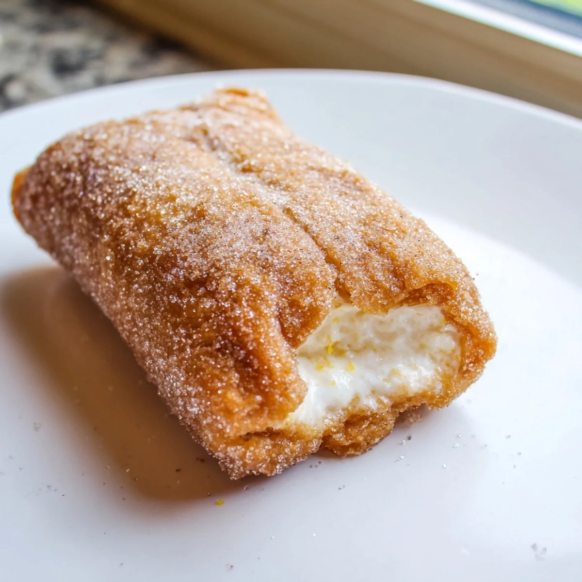 Crispy golden cheesecake chimichangas coated in warm cinnamon sugar on a rustic plate