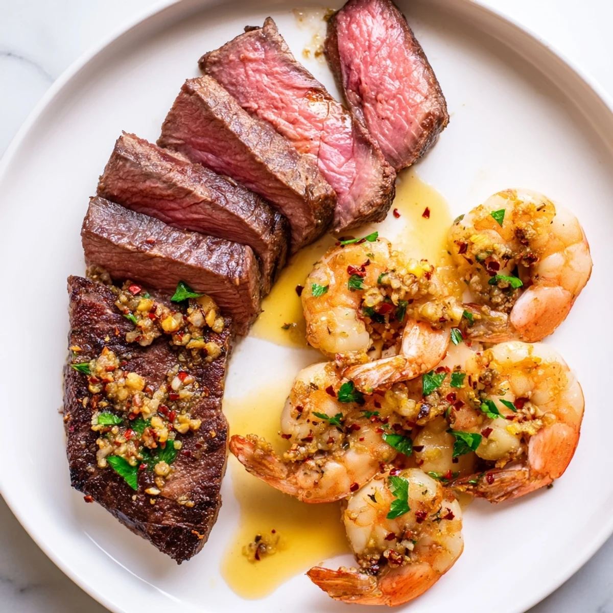 Steak and garlic butter shrimp sizzling in a cast iron skillet with fresh parsley