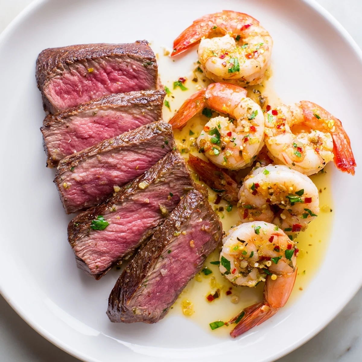 Juicy steak and garlic butter shrimp plated together drizzled with golden lemon herb sauce