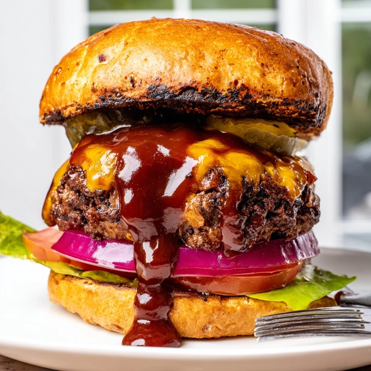 Juicy Coffee Rub Burgers With Smoky BBQ Sauce drizzled on a toasted brioche bun