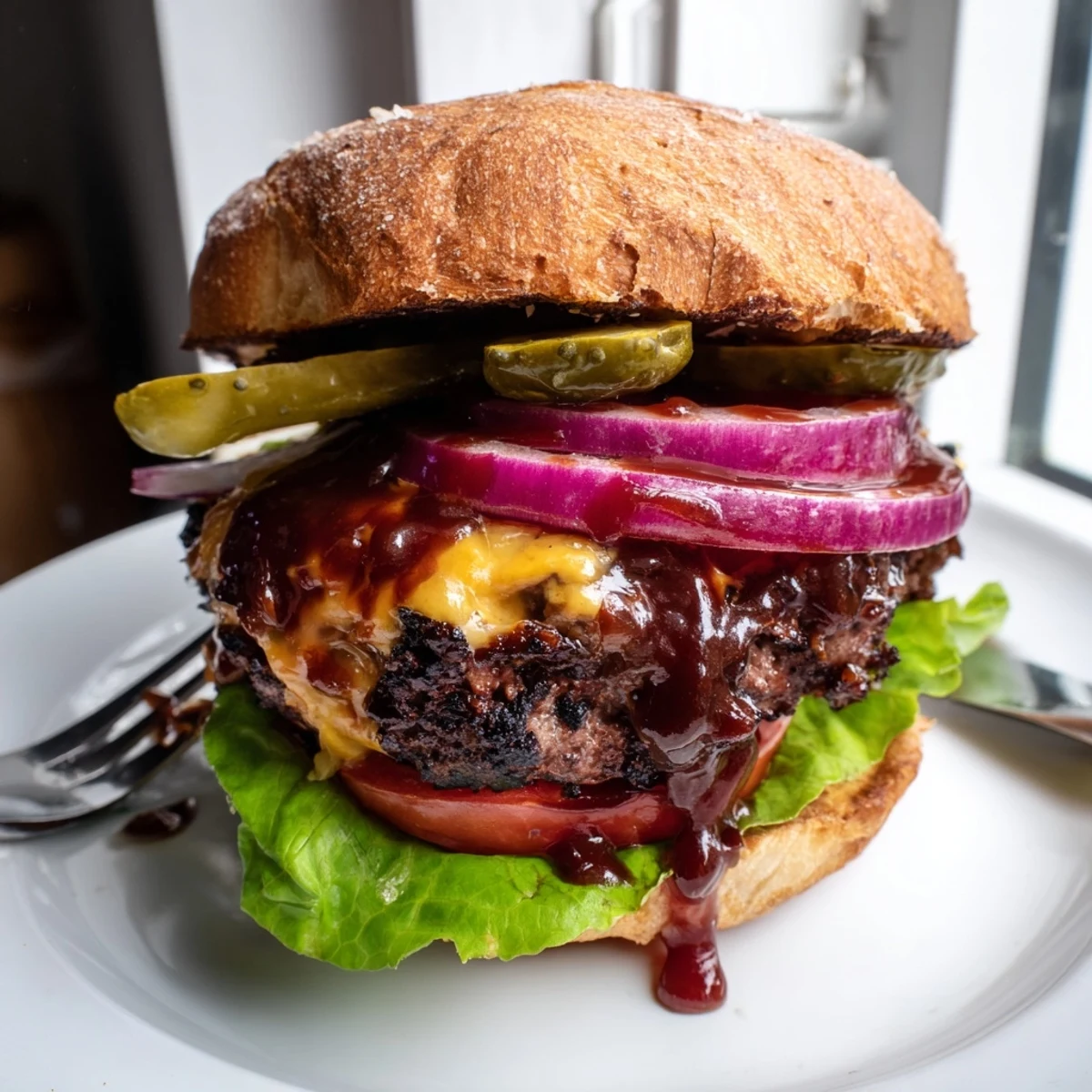 Hearty Coffee Rub Burgers With Smoky BBQ Sauce layered with crisp lettuce and pickles