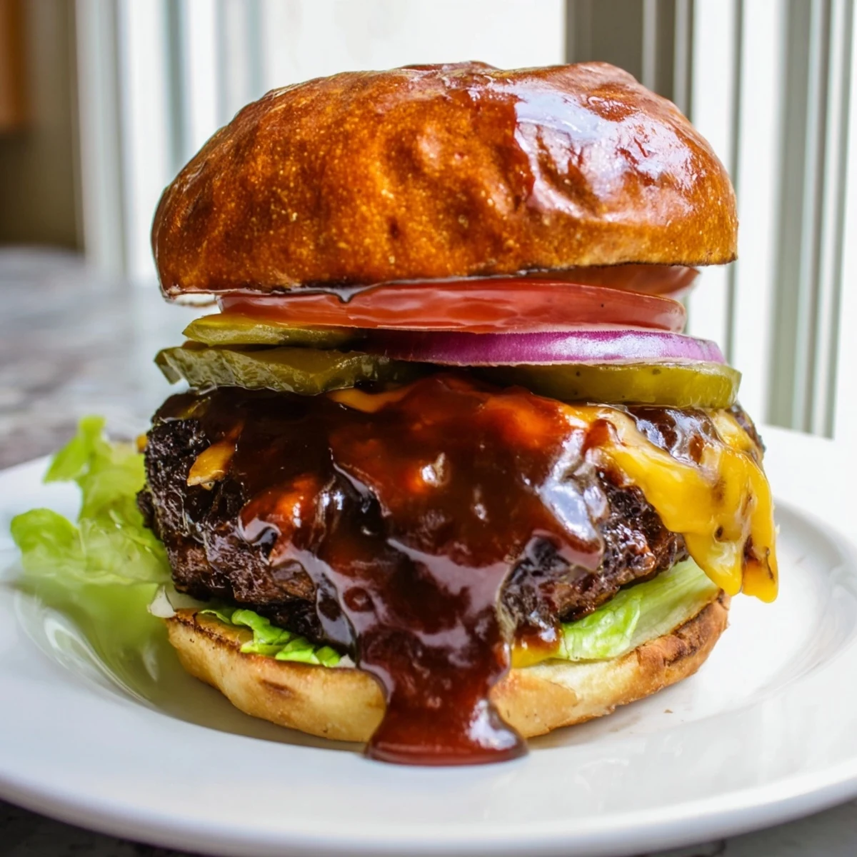 Golden grilled Coffee Rub Burgers With Smoky BBQ Sauce topped with melted sharp cheddar