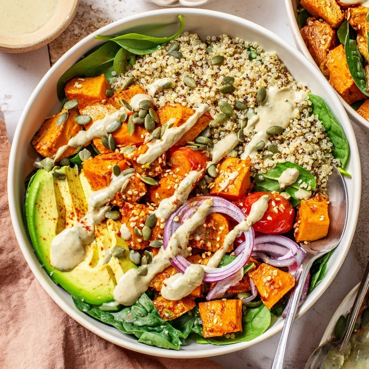 Sweet potato bowl served over fluffy quinoa with bright cherry tomatoes and pumpkin seeds