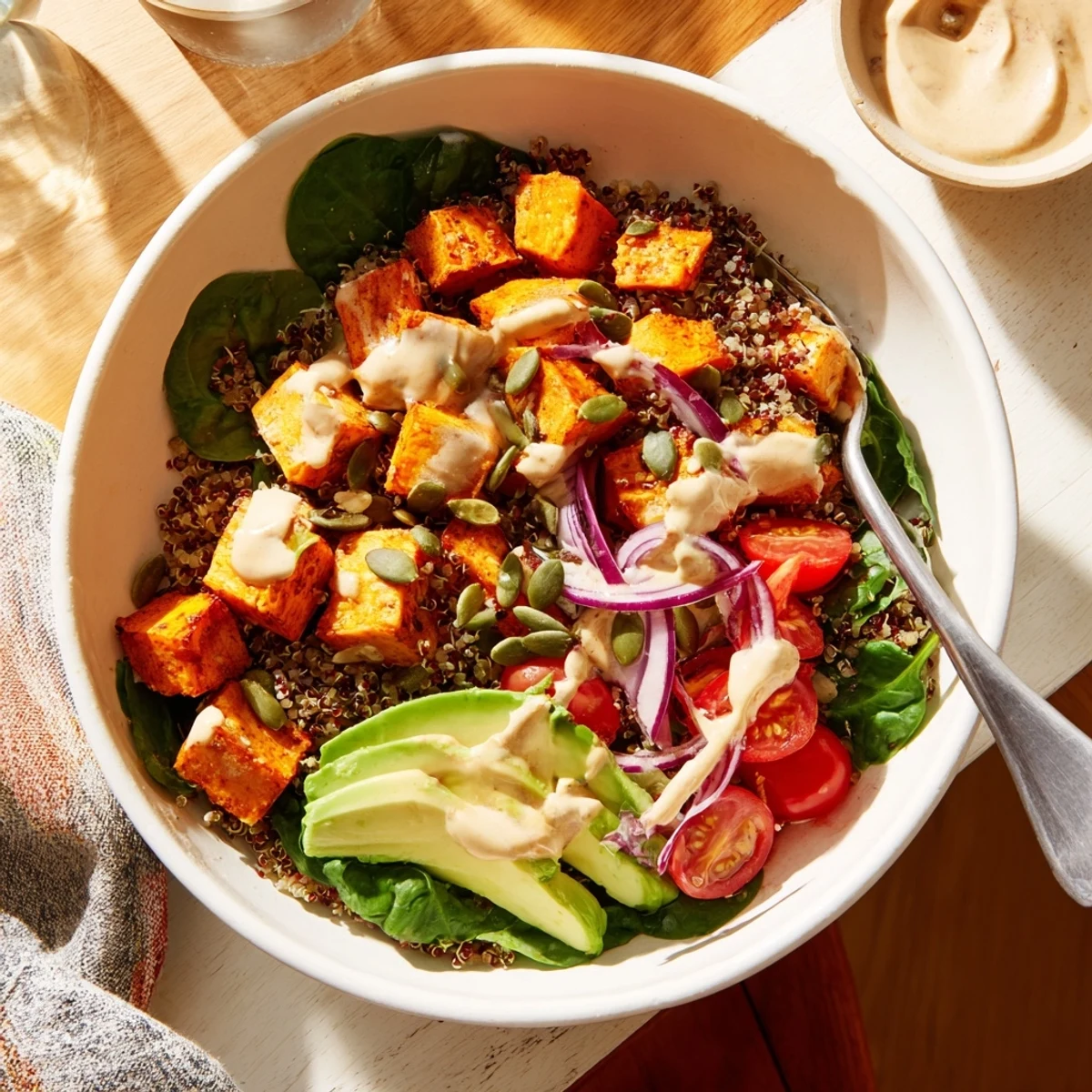 Colorful sweet potato bowl with roasted veggies, creamy avocado, and drizzled tahini dressing