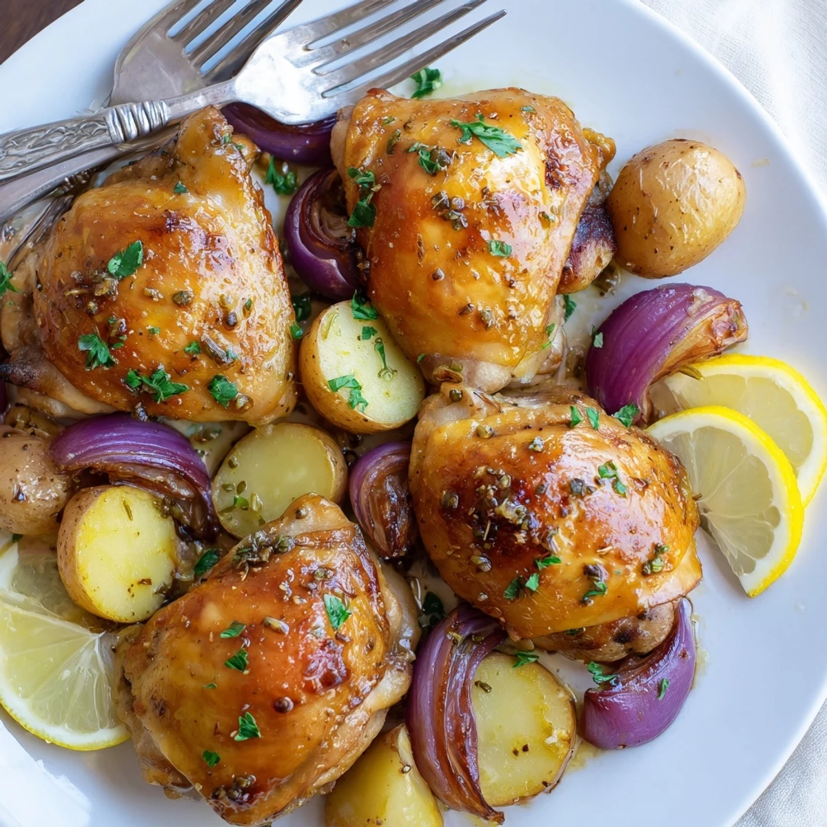 Juicy baked honey lemon chicken and potatoes roasted on a single sheet pan