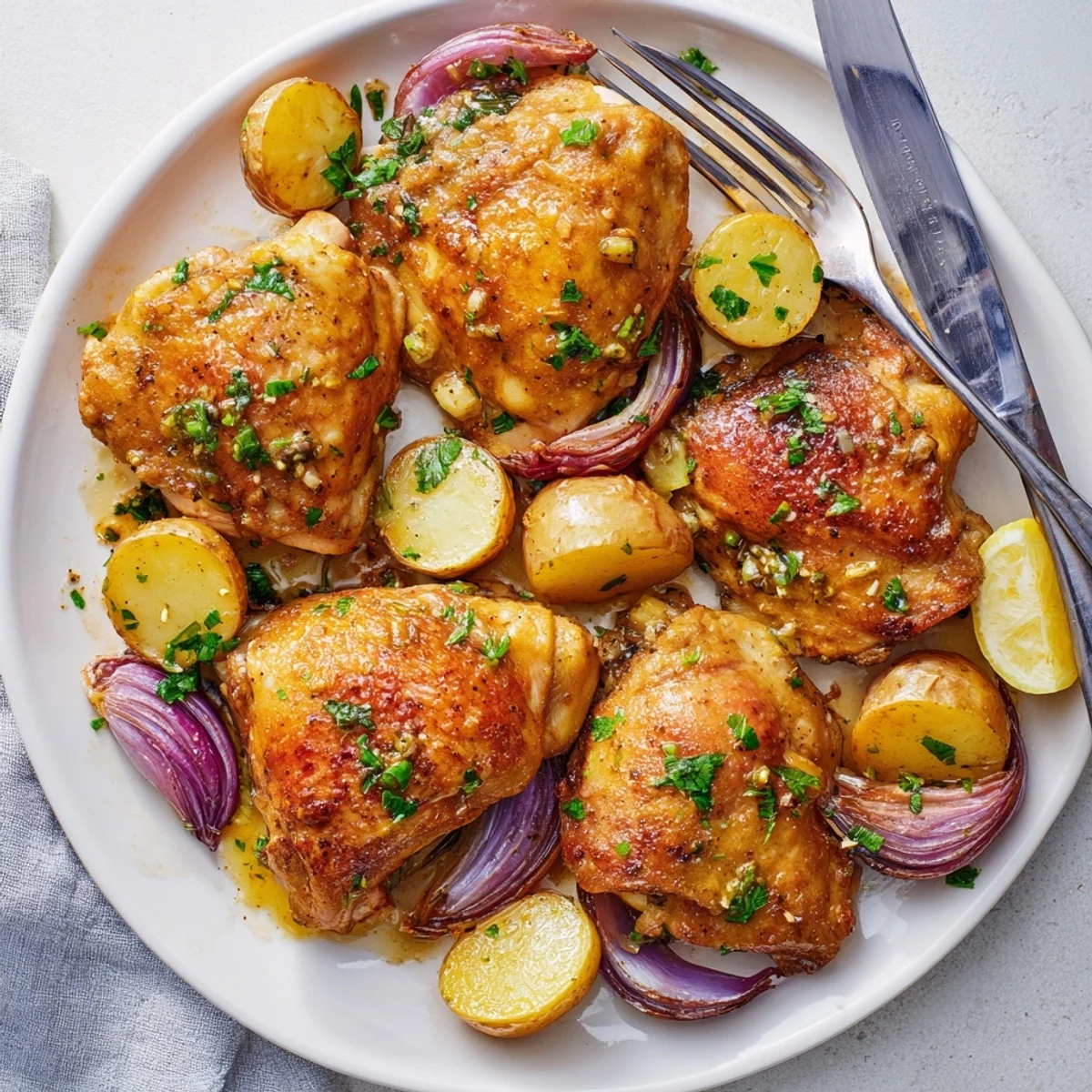 Golden crispy baked honey lemon chicken and potatoes glazed in a sweet tangy sauce