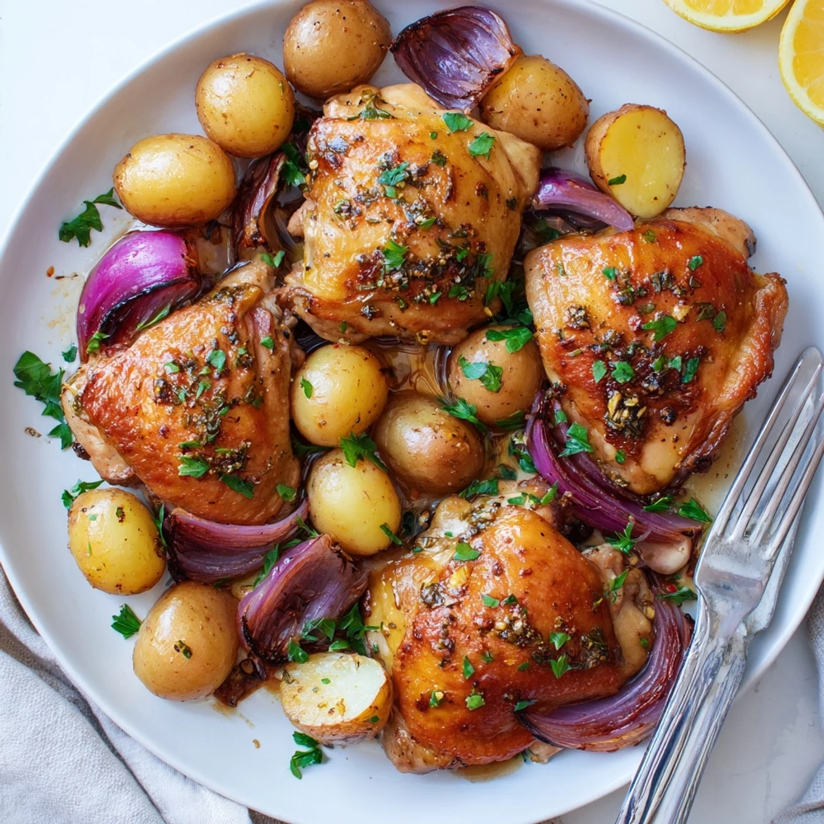 Caramelized baked honey lemon chicken and tender potatoes drizzled with sticky citrus glaze