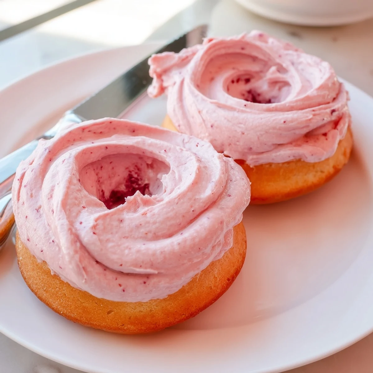 Soft baked Strawberry Buttercream Frosted Donuts with swirls of pink frosting on a white plate