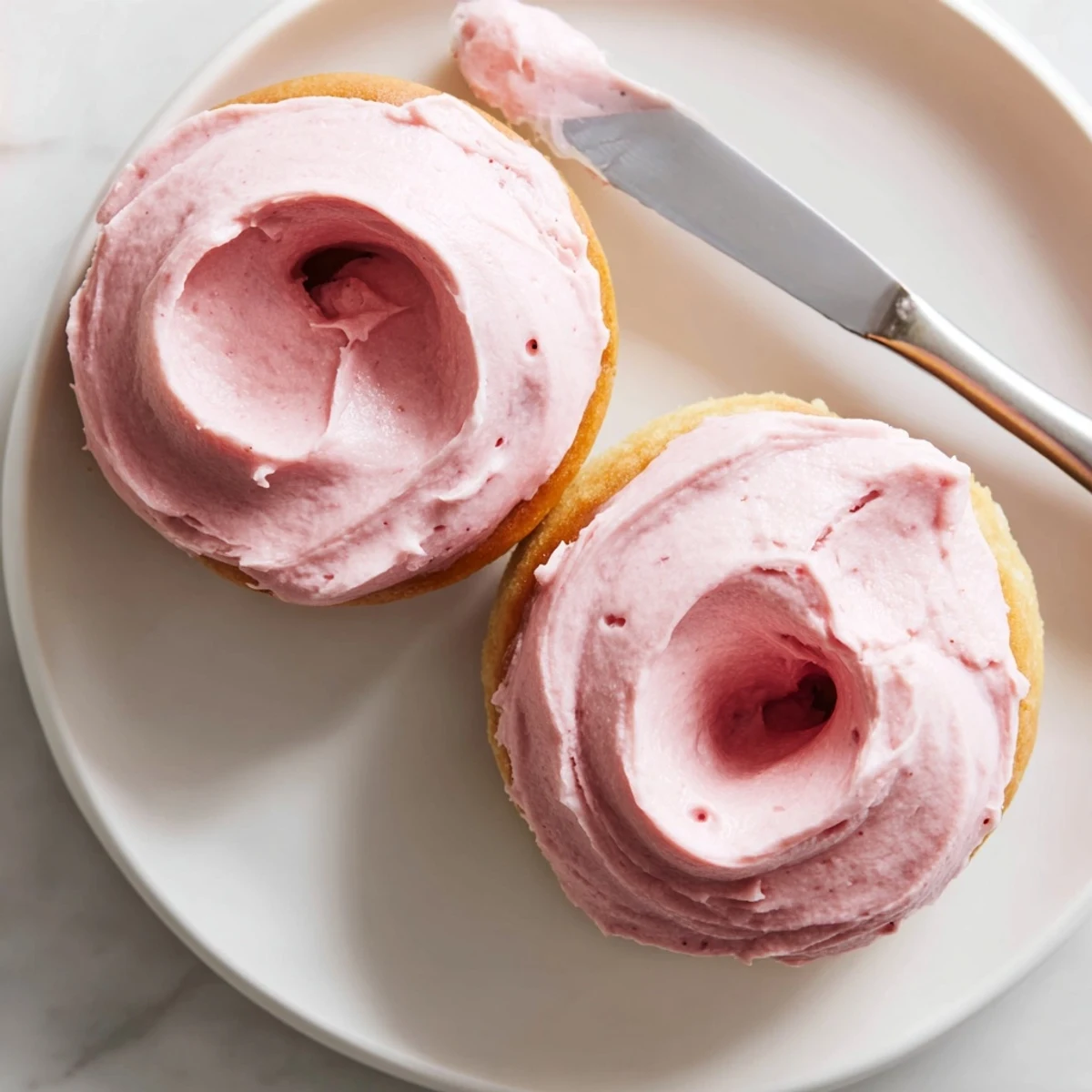 Golden Strawberry Buttercream Frosted Donuts piped high with creamy berry icing and sprinkles