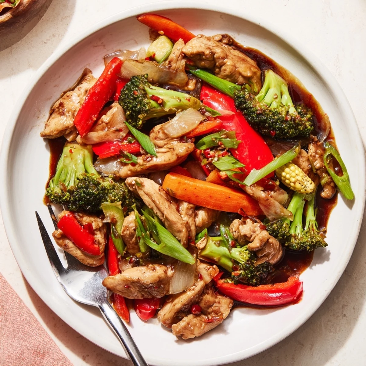 Sizzling Hunan Chicken tossed with crisp broccoli and colorful bell peppers in a wok
