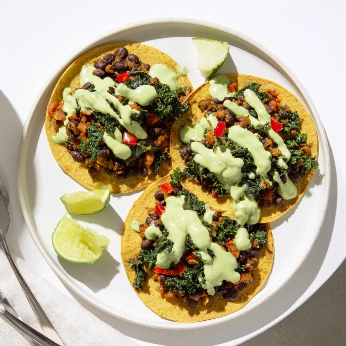 Smoky black bean kale tacos drizzled with vibrant green sauce on rustic tortillas