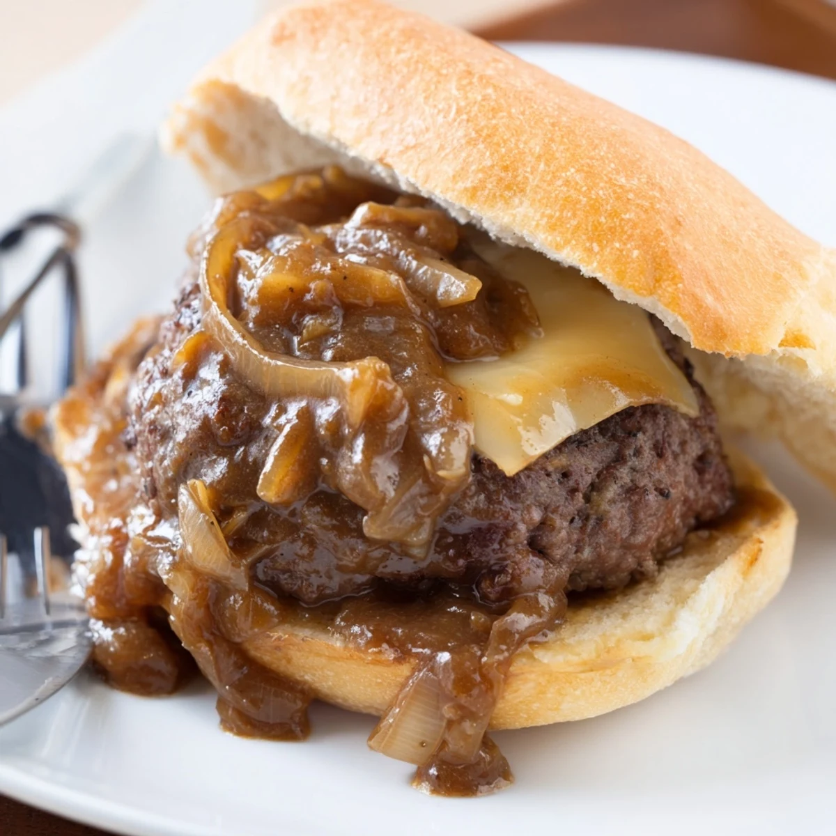 Juicy smothered hamburger steak sandwiches dripping with savory onion gravy on toasted rolls
