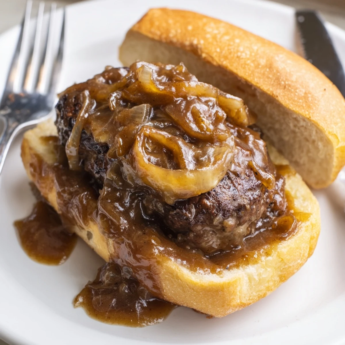 Golden toasted buns loaded with tender smothered hamburger steak sandwiches and rich onion gravy