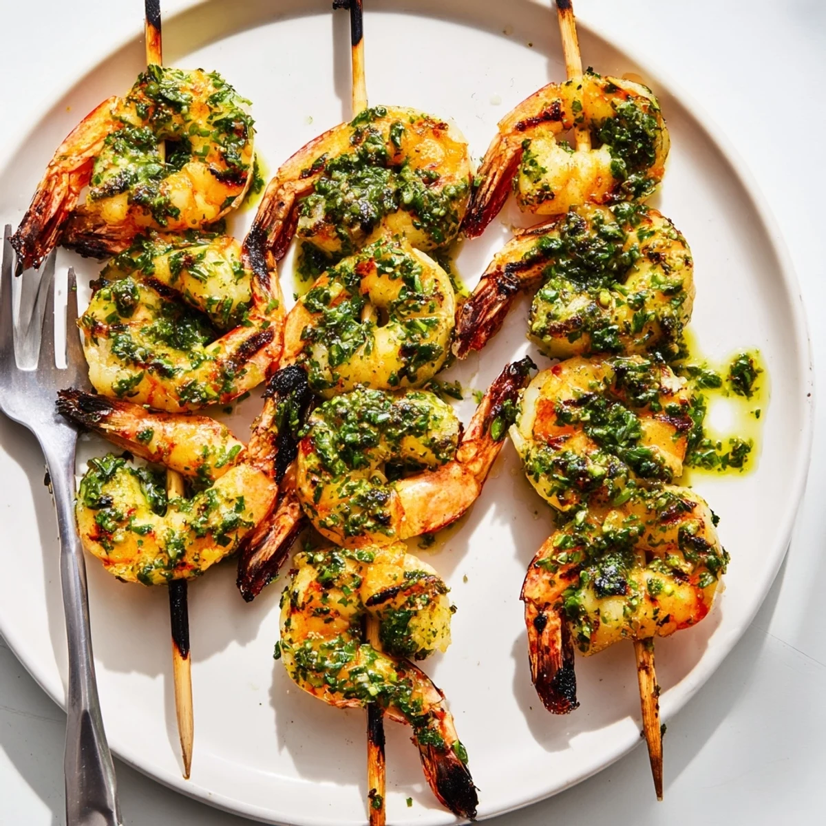 Sizzling chimichurri shrimp with charred edges on a rustic wooden serving platter