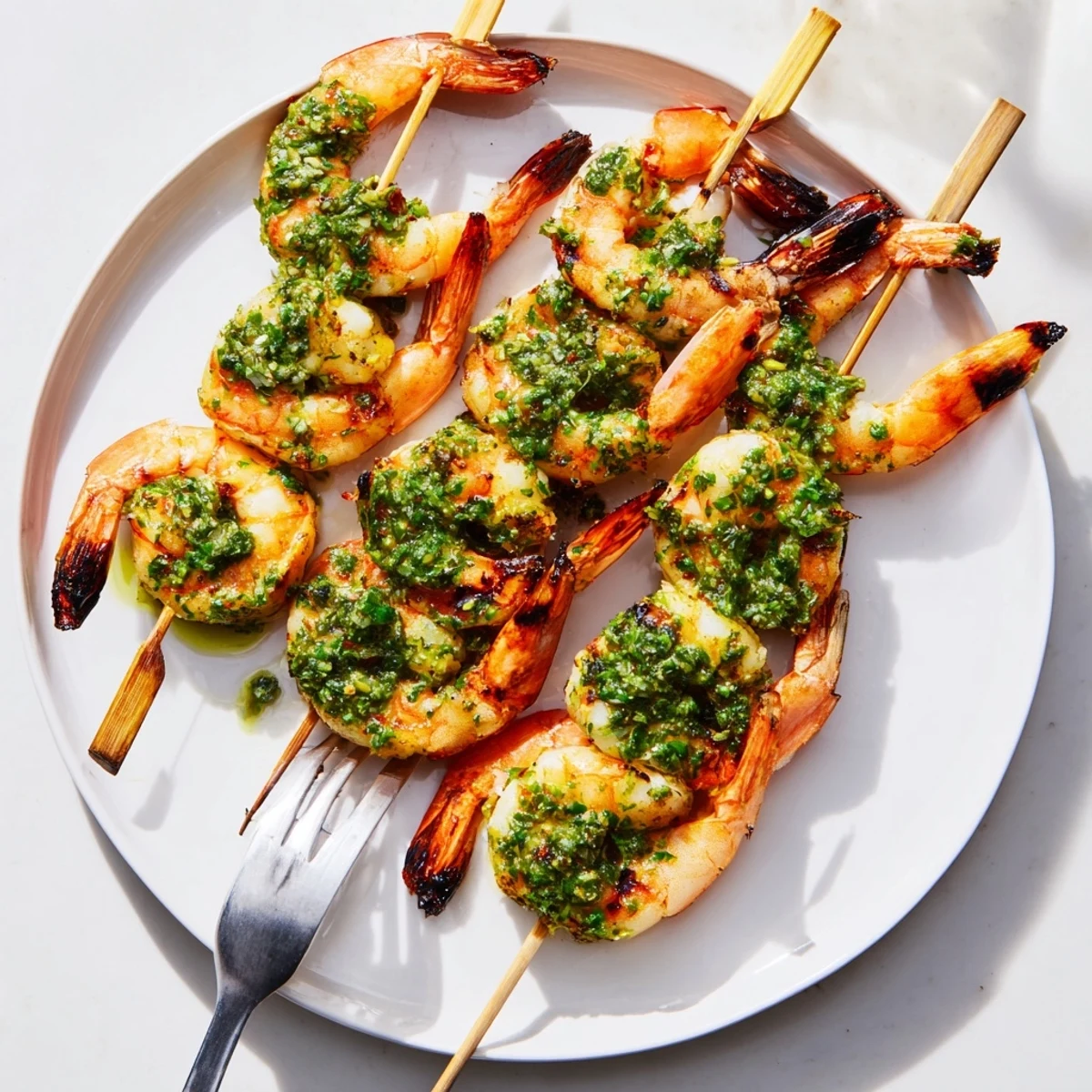 Golden grilled chimichurri shrimp drizzled with bright green herb sauce and lemon wedges