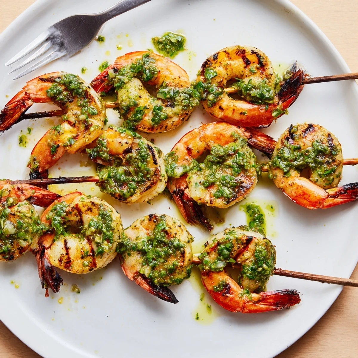 Plump chimichurri shrimp skewers glistening with fresh parsley cilantro oil over grilled vegetables