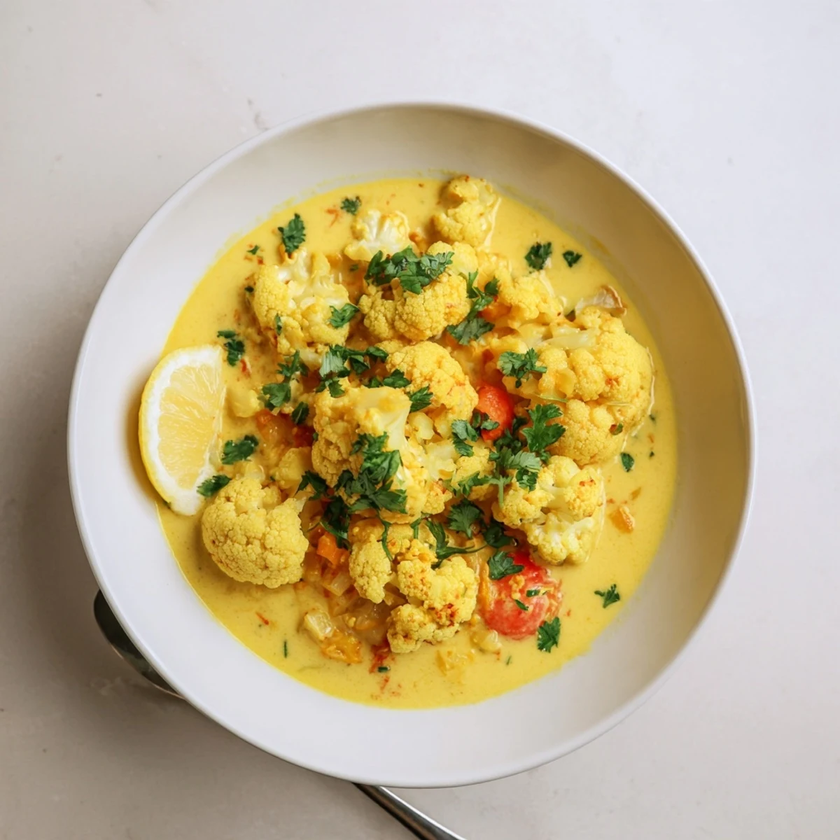 Golden roasted cauliflower swimming in a velvety Greek yogurt cauliflower curry sauce
