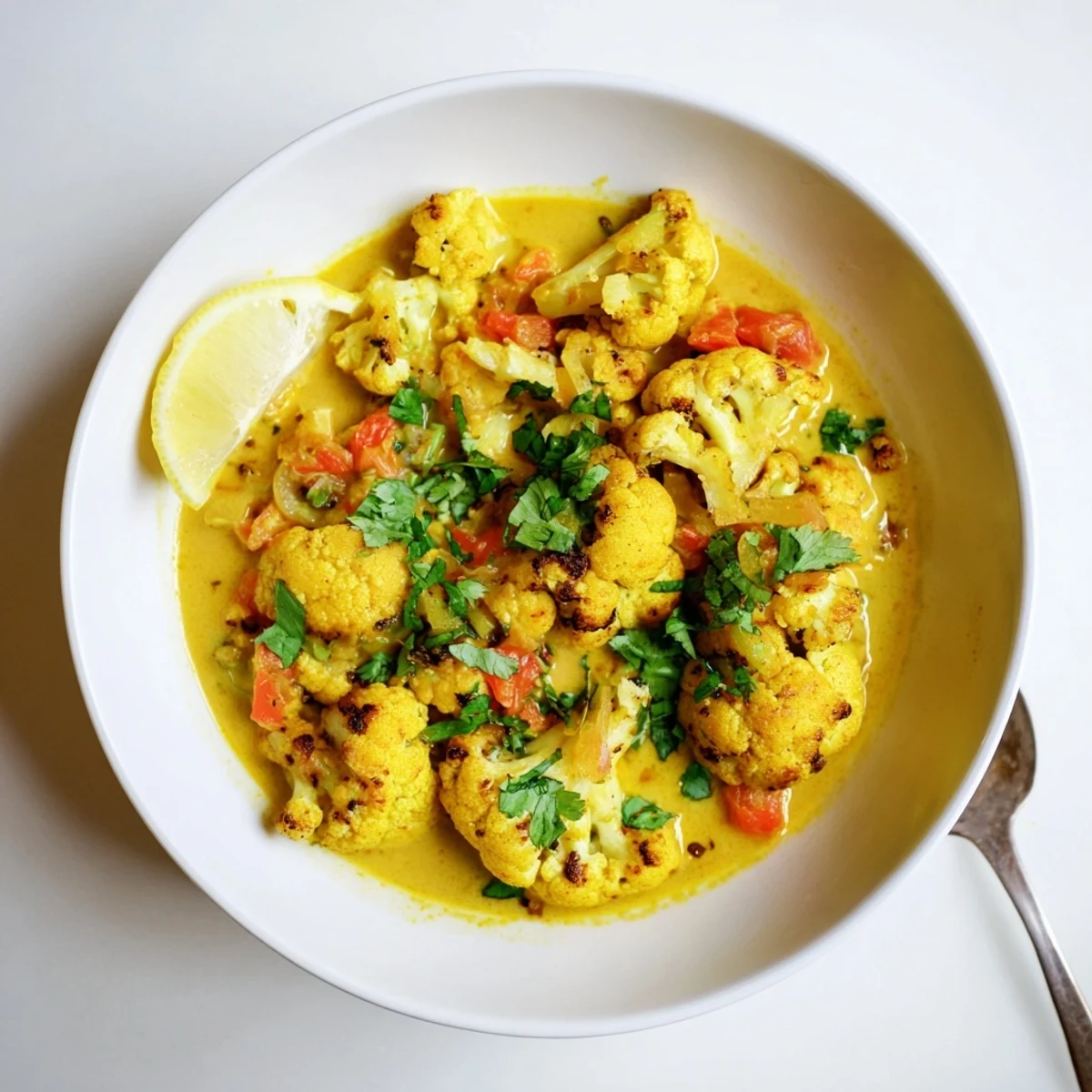 Creamy Greek yogurt cauliflower curry served in a rustic bowl with fresh cilantro