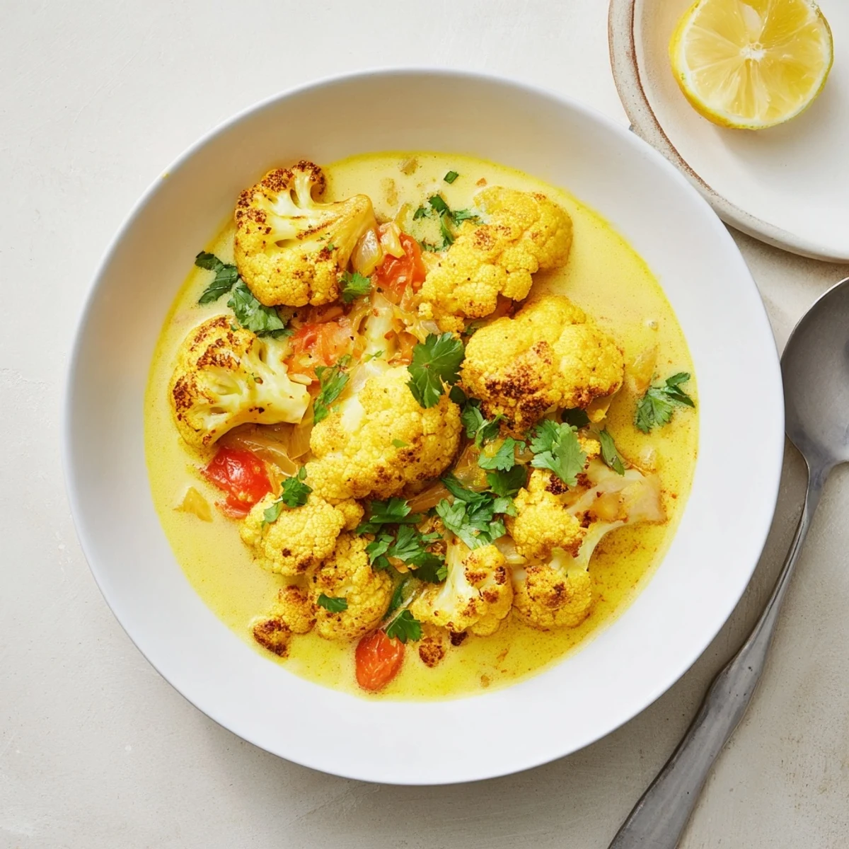 Steaming bowl of Greek yogurt cauliflower curry garnished with bright lemon wedges and herbs