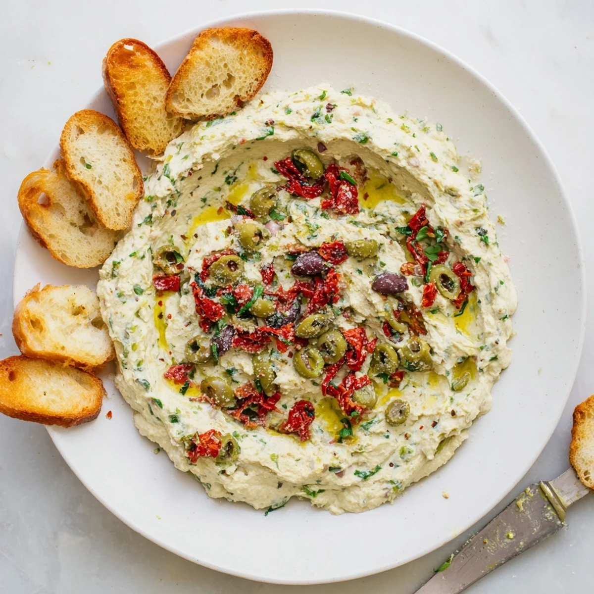 Creamy Italian Style Olive And Cheese Spread served on golden crostini with fresh basil