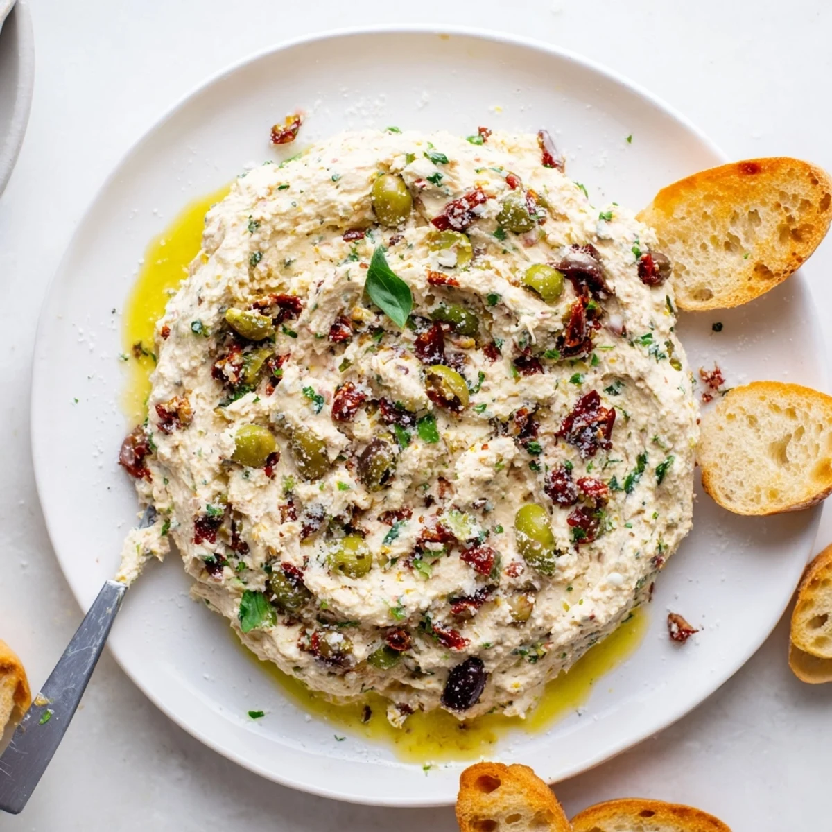 Spoonfuls of Italian Style Olive And Cheese Spread on toasted baguette slices with sun-dried tomatoes