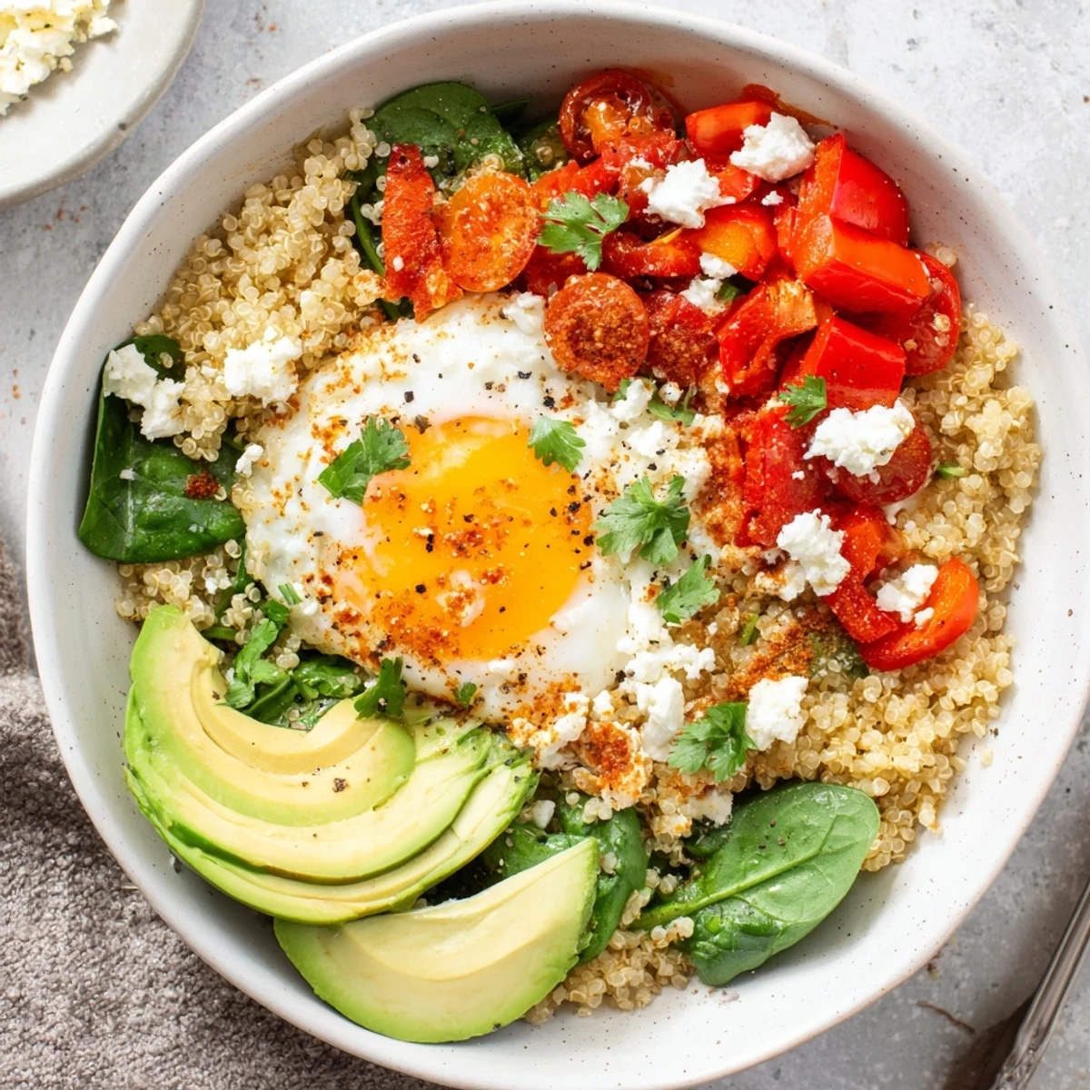 A savory quinoa breakfast bowl topped with a golden fried egg and colorful sautéed vegetables