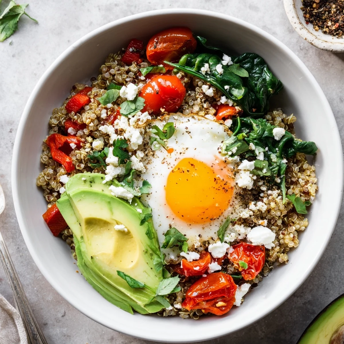 Fluffy quinoa breakfast bowl loaded with wilted spinach, ripe avocado slices, and crumbled feta cheese