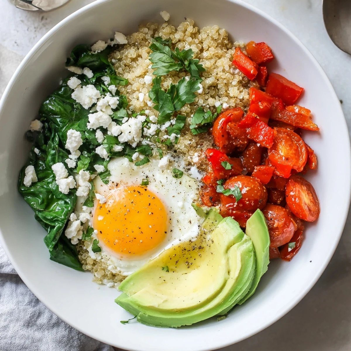 Steaming savory quinoa breakfast bowl garnished with fresh parsley and halved cherry tomatoes in a ceramic dish