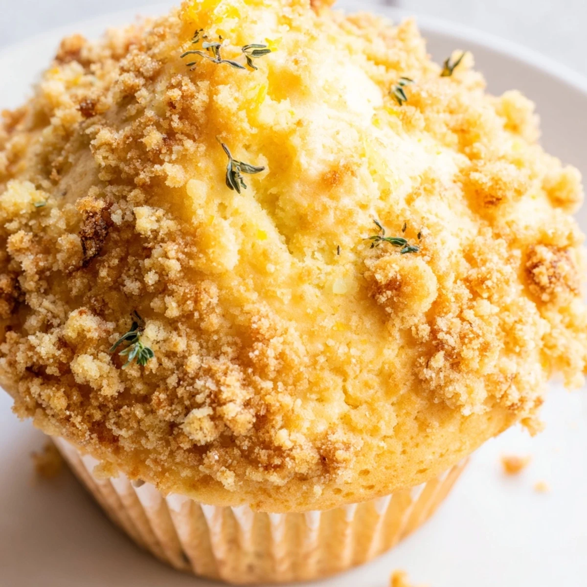 Golden lemon orange honey muffins topped with fragrant thyme crumble on a rustic baking rack