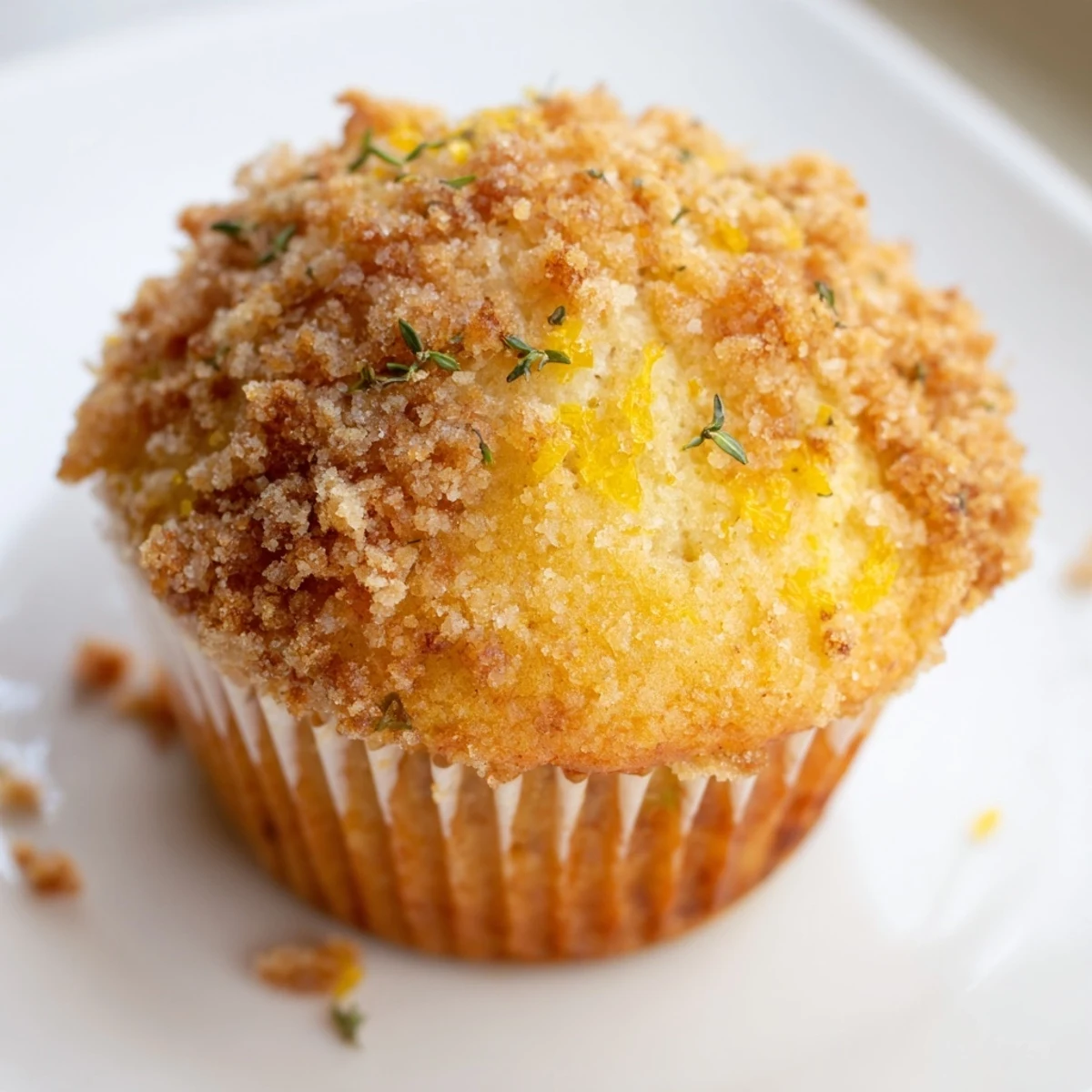 Freshly baked lemon orange honey muffins with golden crumble topping arranged on a linen napkin