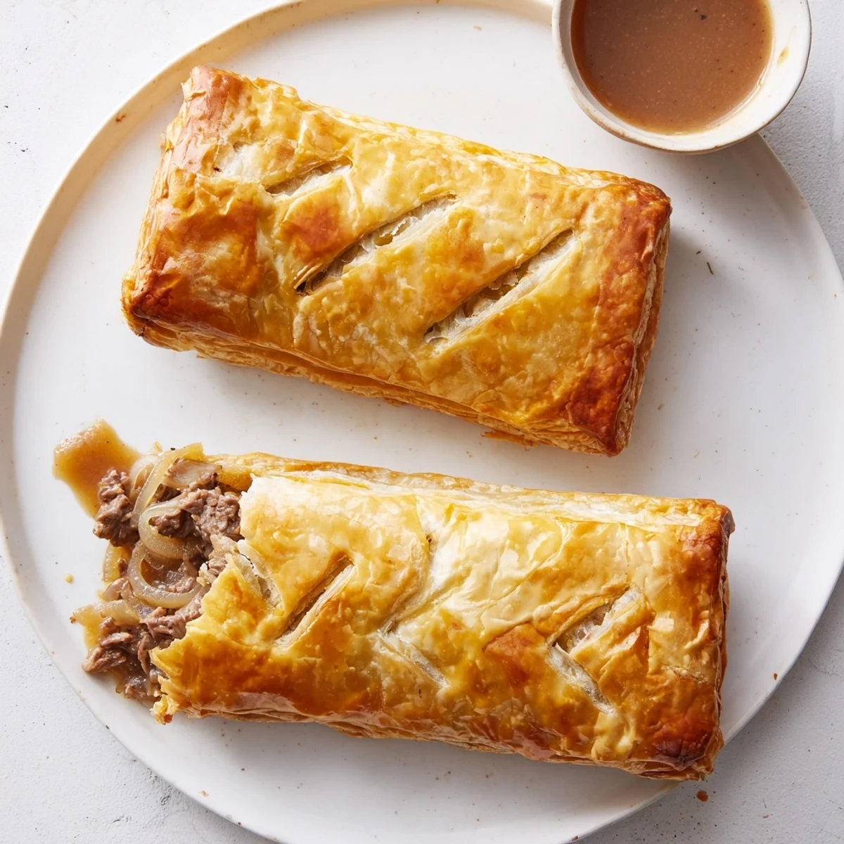 Golden Greggs inspired steak and cheese roll with flaky pastry and melted cheddar filling