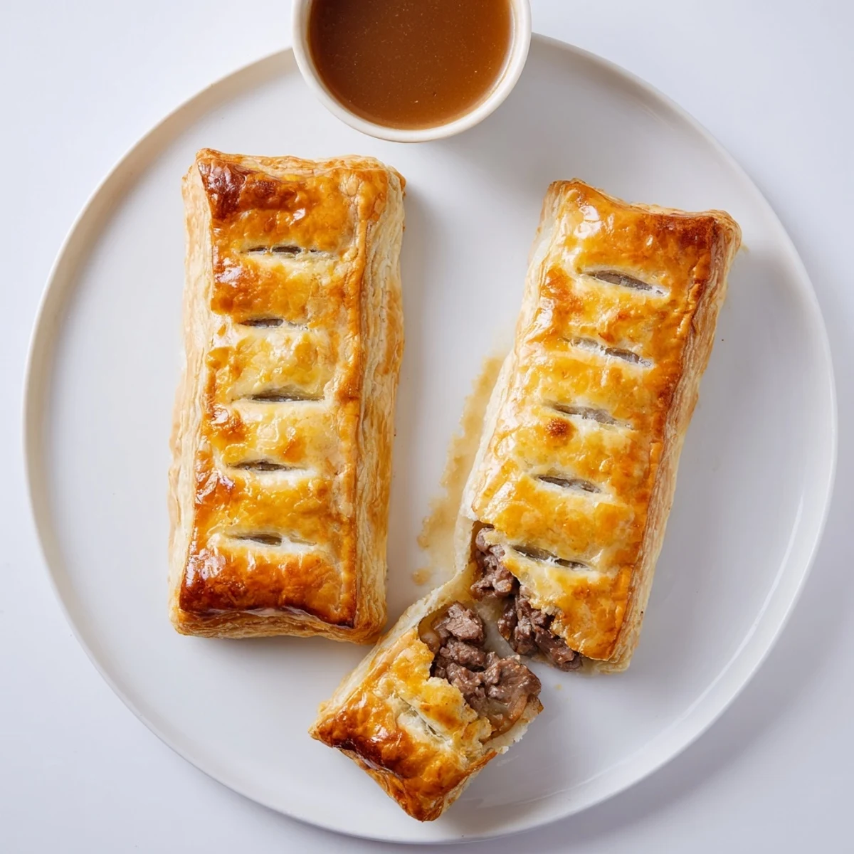 Crispy baked Greggs inspired steak and cheese roll sliced open revealing gooey melted cheese