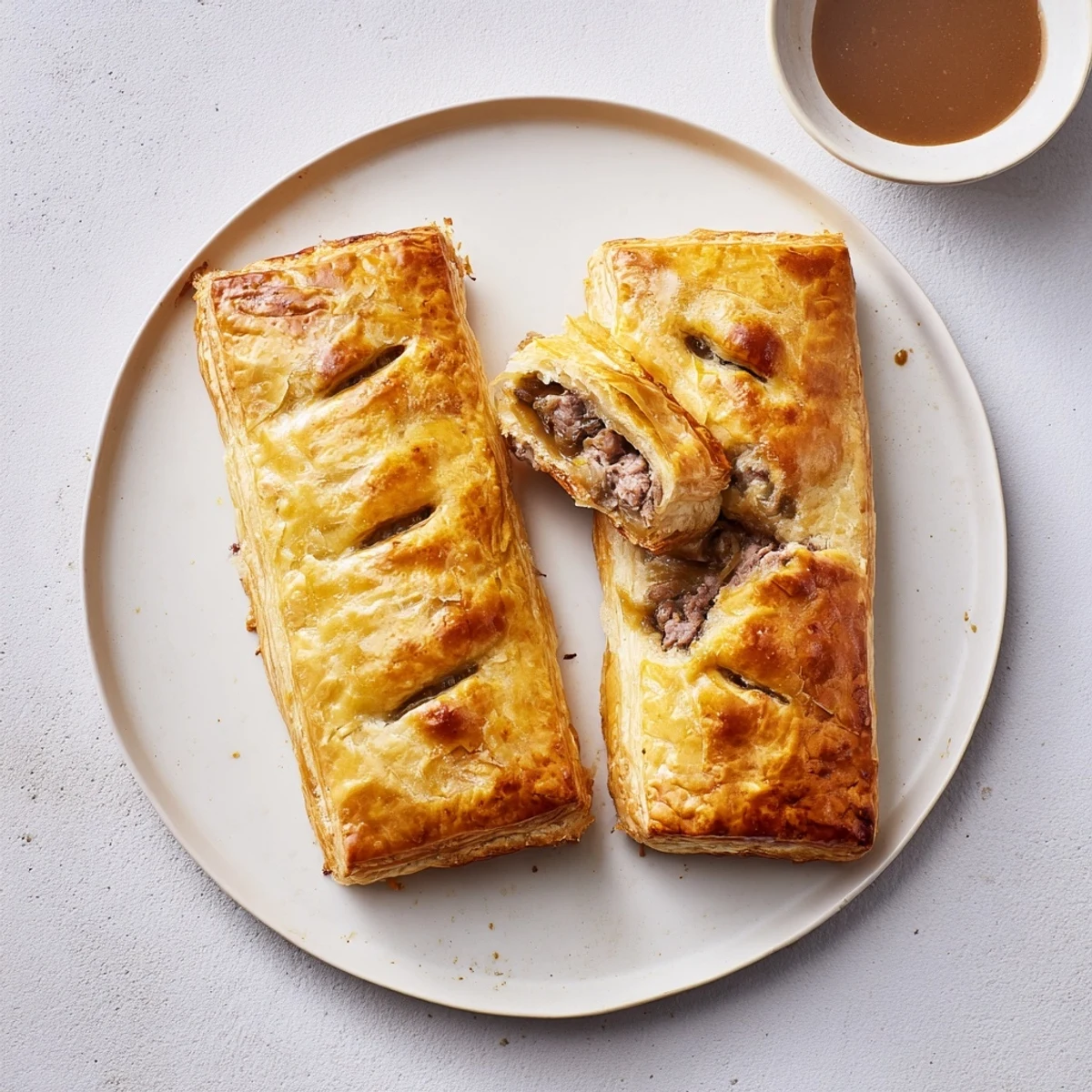 Steaming hot Greggs inspired steak and cheese roll fresh from the oven on parchment paper